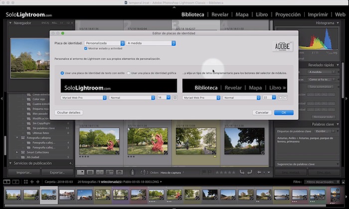 Curso de Lightroom Classic – Capítulo 21: Módulo biblioteca: configurar la tira de fotografías, la placa de identidad y el texto de los módulos